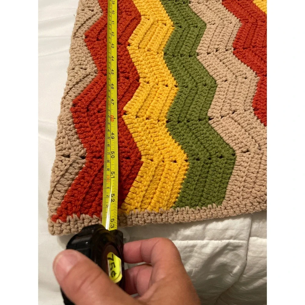 Vintage Handmade Crochet Chevron Afghan Blanket Zig Zag Orange Yellow Green Tan